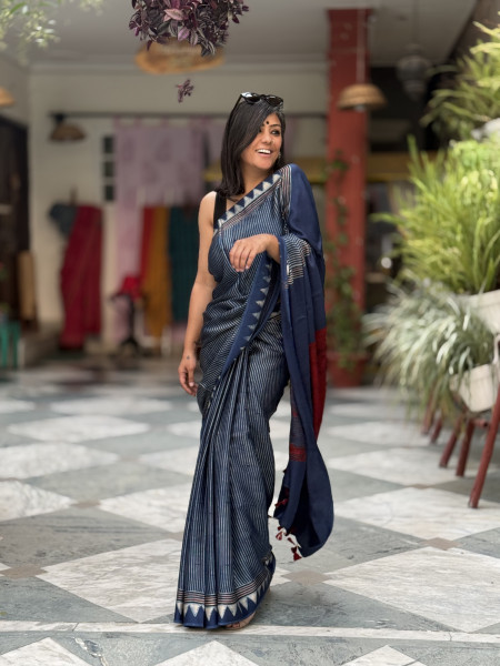 INDIGO-MAROON MODAL SILK AJRAKH BLOCK PRINT SARI