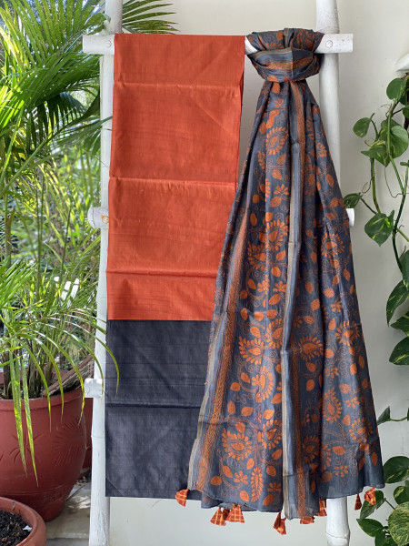 RUST & BLACK TUSSAR SILK KANTHA EMBROIDERED dupatta  SET