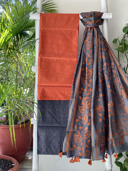 RUST & BLACK TUSSAR SILK KANTHA EMBROIDERED dupatta  SET