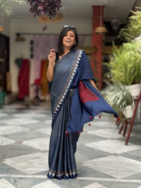 INDIGO-MAROON MODAL SILK AJRAKH BLOCK PRINT SARI