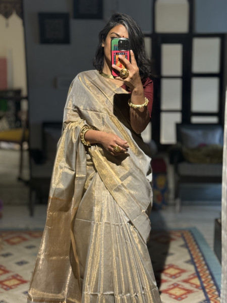 'INDIRA' ASH GREY ZARI WOVEN MAHESHWARI SILK  SARI