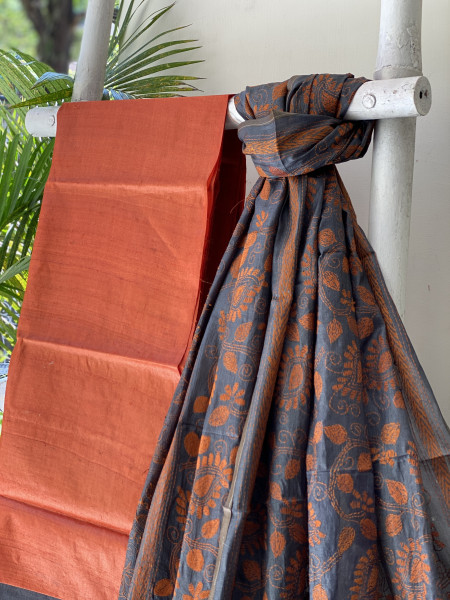 RUST & BLACK TUSSAR SILK KANTHA EMBROIDERED dupatta  SET