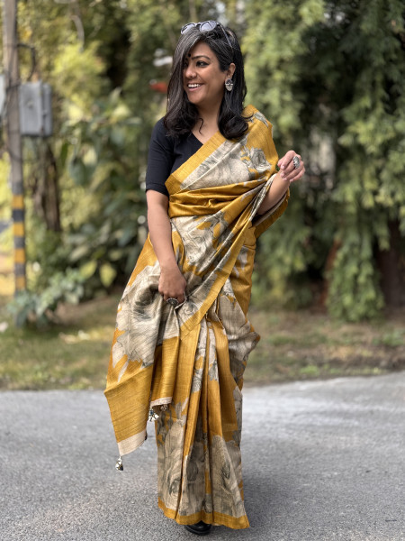 MUSTARD FLORAL PRINT TUSSAR SILK SARI