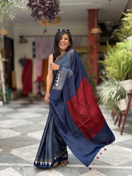INDIGO-MAROON MODAL SILK AJRAKH BLOCK PRINT SARI