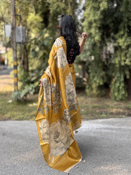 MUSTARD FLORAL PRINT TUSSAR SILK SARI
