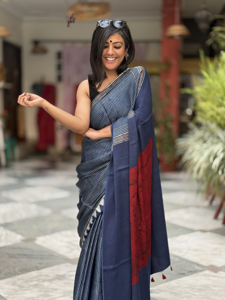 INDIGO-MAROON MODAL SILK AJRAKH BLOCK PRINT SARI