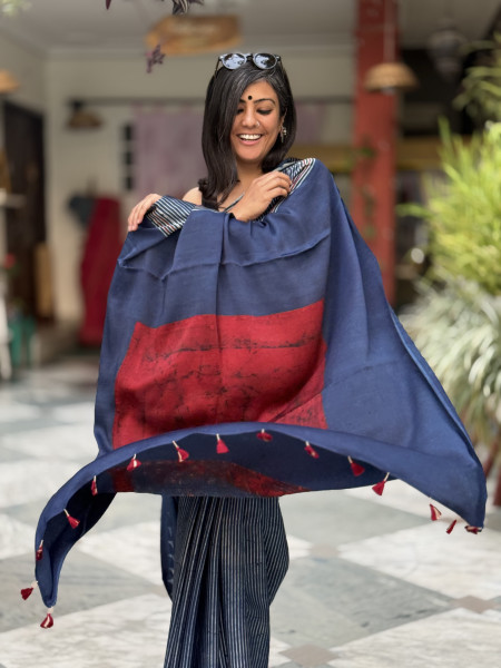 INDIGO-MAROON MODAL SILK AJRAKH BLOCK PRINT SARI