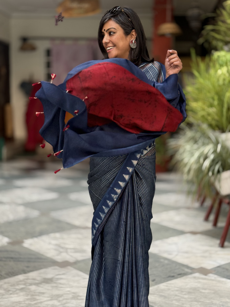 Image of INDIGO-MAROON MODAL SILK AJRAKH BLOCK PRINT SARI