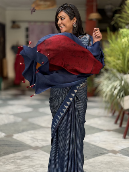 INDIGO-MAROON MODAL SILK AJRAKH BLOCK PRINT SARI