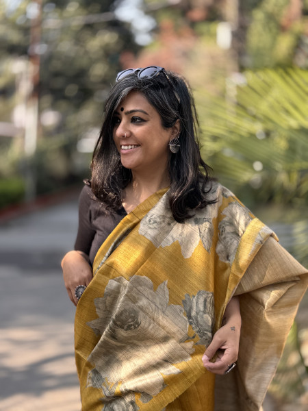 MUSTARD FLORAL PRINT TUSSAR SILK SARI