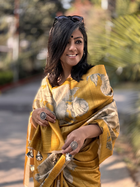 MUSTARD FLORAL PRINT TUSSAR SILK SARI