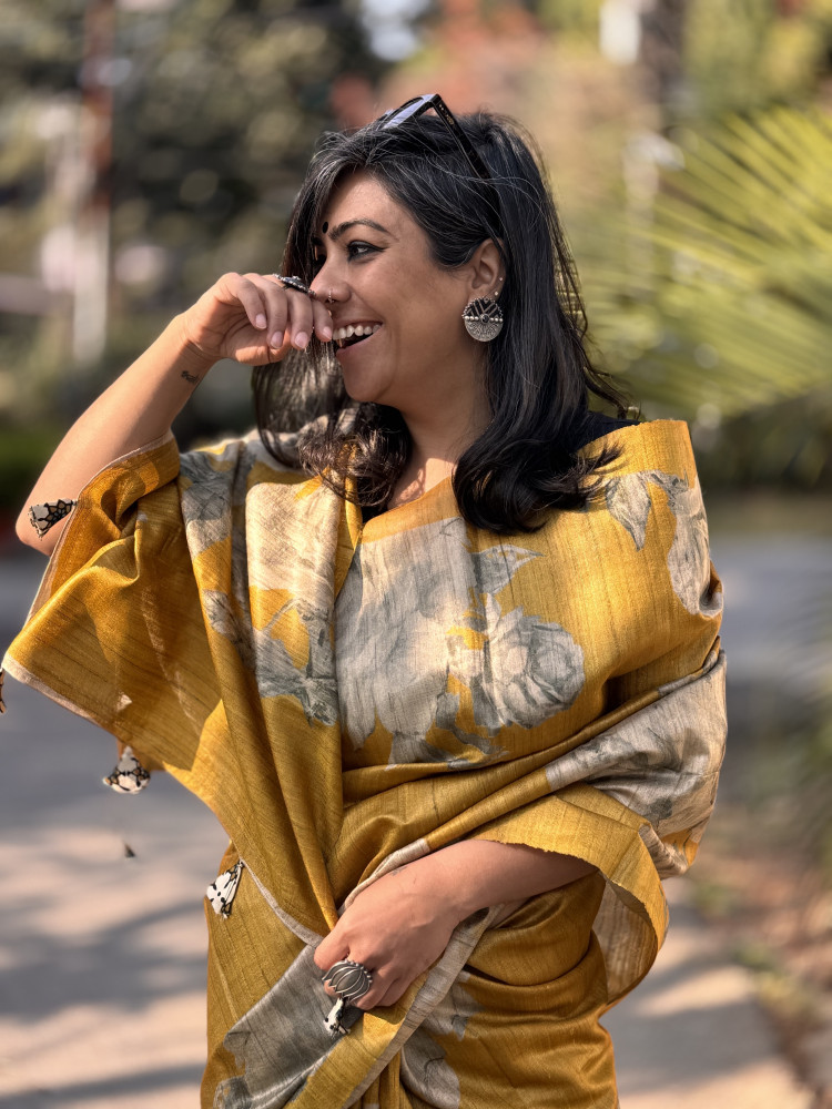 Image of MUSTARD FLORAL PRINT TUSSAR SILK SARI