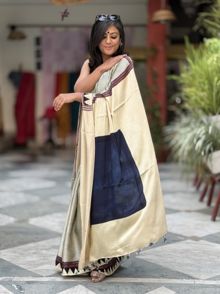 OFF WHITE-INDIGO MODAL SILK AJRAKH BLOCK PRINT SARI