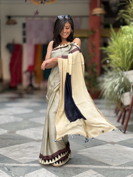 OFF WHITE-INDIGO MODAL SILK AJRAKH BLOCK PRINT SARI