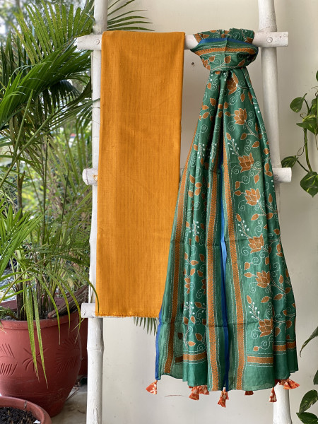 YELLOW & GREEN TUSSAR SILK KANTHA EMBROIDERED dupatta  SET