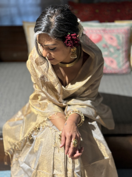 'INDIRA' ASH GREY ZARI WOVEN MAHESHWARI SILK  SARI