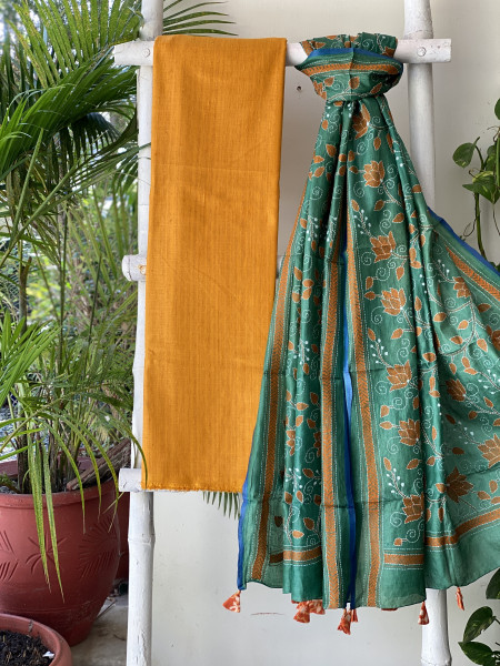 YELLOW & GREEN TUSSAR SILK KANTHA EMBROIDERED dupatta  SET