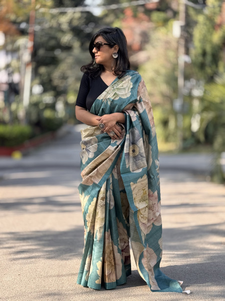 TEAL FLORAL PRINT TUSSAR SILK SARI