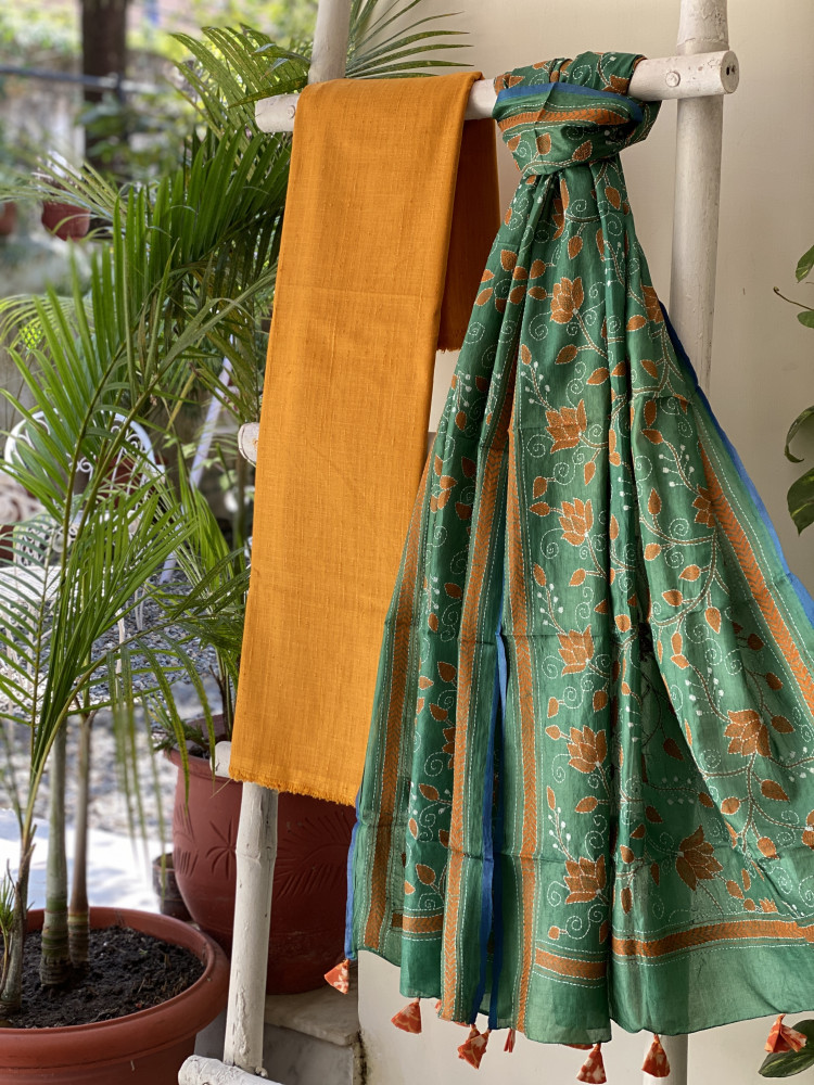 Image of YELLOW &amp; GREEN TUSSAR SILK KANTHA EMBROIDERED dupatta  SET