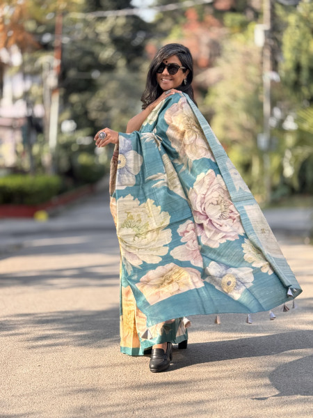 TEAL FLORAL PRINT TUSSAR SILK SARI
