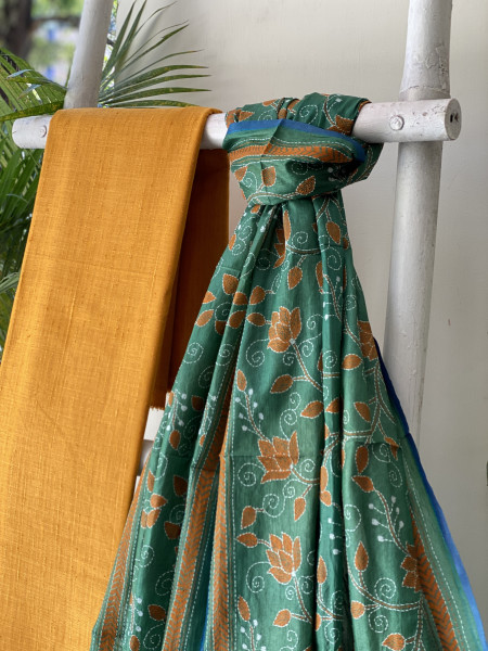 YELLOW & GREEN TUSSAR SILK KANTHA EMBROIDERED dupatta  SET