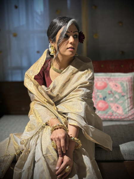 'INDIRA' ASH GREY ZARI WOVEN MAHESHWARI SILK  SARI