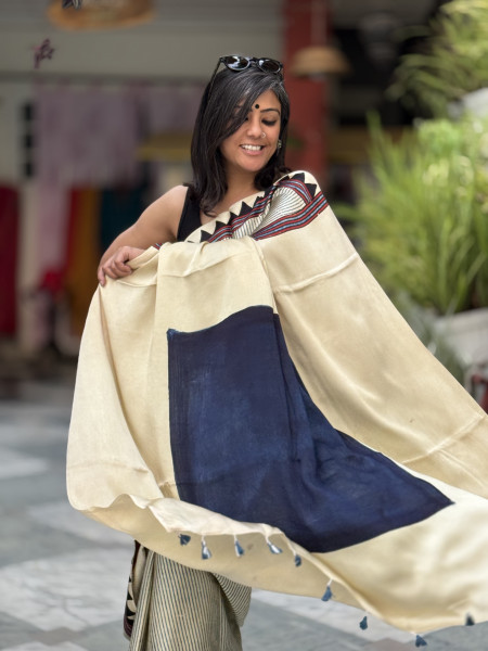 OFF WHITE-INDIGO MODAL SILK AJRAKH BLOCK PRINT SARI