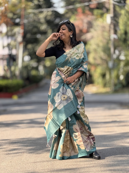 TEAL FLORAL PRINT TUSSAR SILK SARI