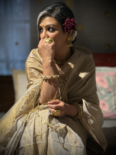 'INDIRA' ASH GREY ZARI WOVEN MAHESHWARI SILK  SARI