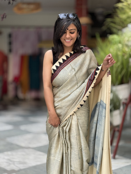 OFF WHITE-INDIGO MODAL SILK AJRAKH BLOCK PRINT SARI