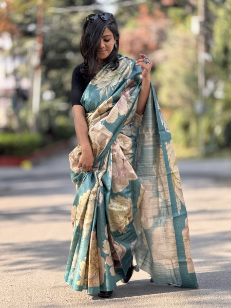 TEAL FLORAL PRINT TUSSAR SILK SARI