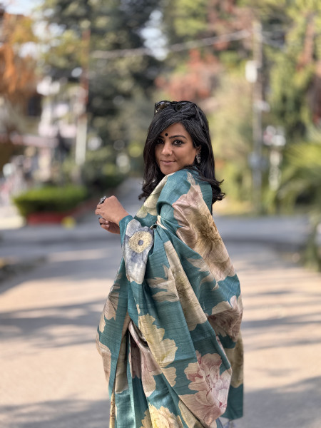 TEAL FLORAL PRINT TUSSAR SILK SARI
