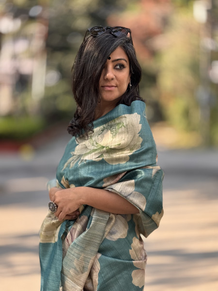 TEAL FLORAL PRINT TUSSAR SILK SARI