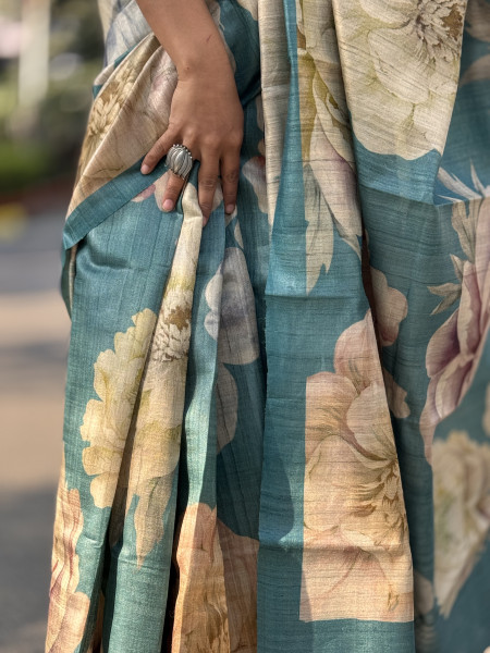 TEAL FLORAL PRINT TUSSAR SILK SARI