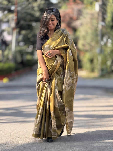 OLIVE FLORAL PRINT TUSSAR SILK SARI