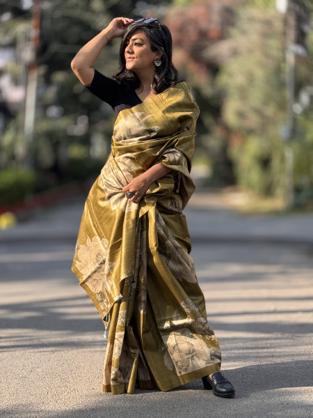 OLIVE FLORAL PRINT TUSSAR SILK SARI