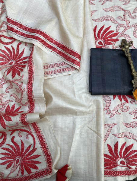 BEIGE KANTHA HAND EMBROIDERED TUSSAR  SILK SARI