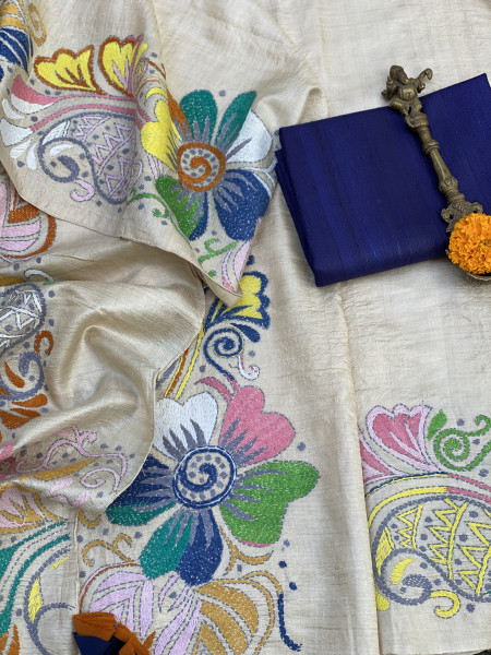 BEIGE KANTHA HAND EMBROIDERED TUSSAR  SILK SARI