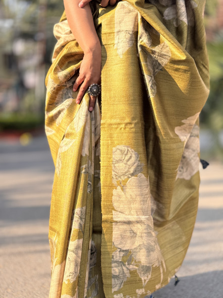 OLIVE FLORAL PRINT TUSSAR SILK SARI