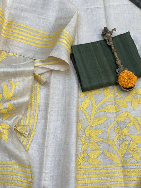 BEIGE KANTHA HAND EMBROIDERED TUSSAR  SILK SARI