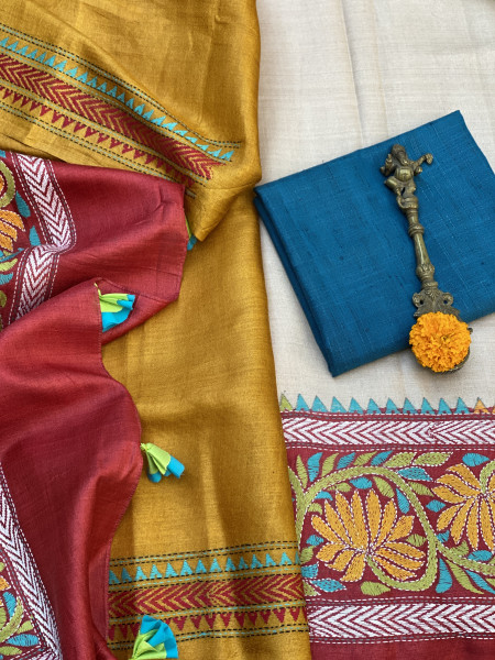 BEIGE KANTHA HAND EMBROIDERED TUSSAR  SILK SARI