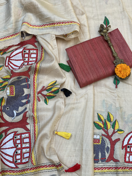 BEIGE KANTHA HAND EMBROIDERED TUSSAR  SILK SARI
