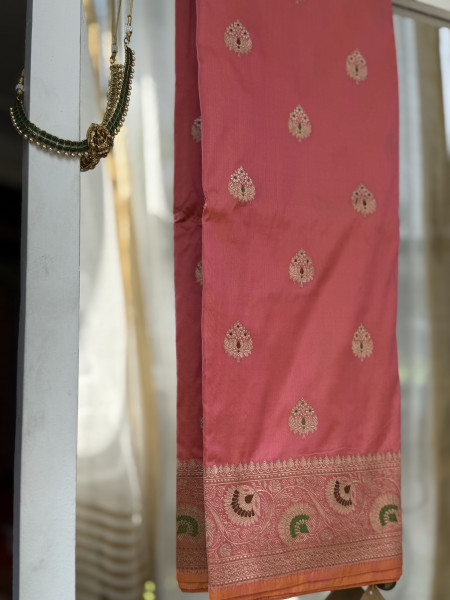 PEACH-PINK BANARASI MEENAKARI HAND WOVEN PURE SILK SARI