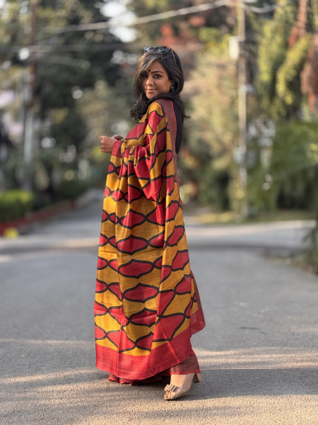 RED-YELLOW BLOCK PRINT TUSSAR SILK SARI