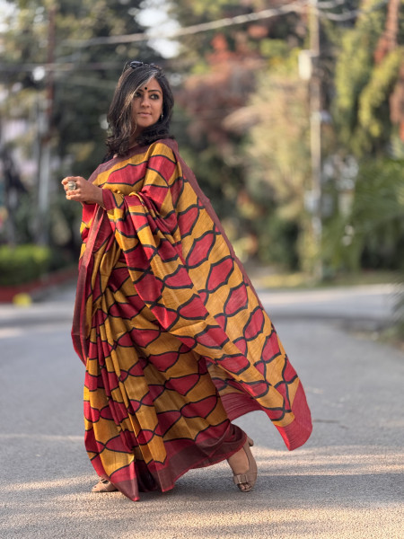 RED-YELLOW BLOCK PRINT TUSSAR SILK SARI