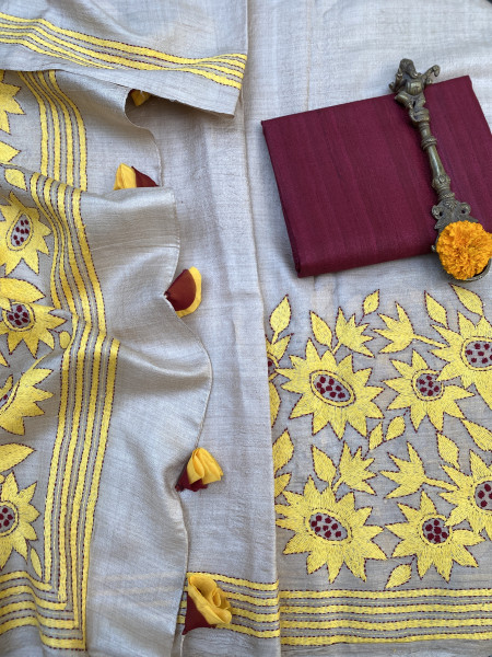 BEIGE KANTHA HAND EMBROIDERED TUSSAR  SILK SARI