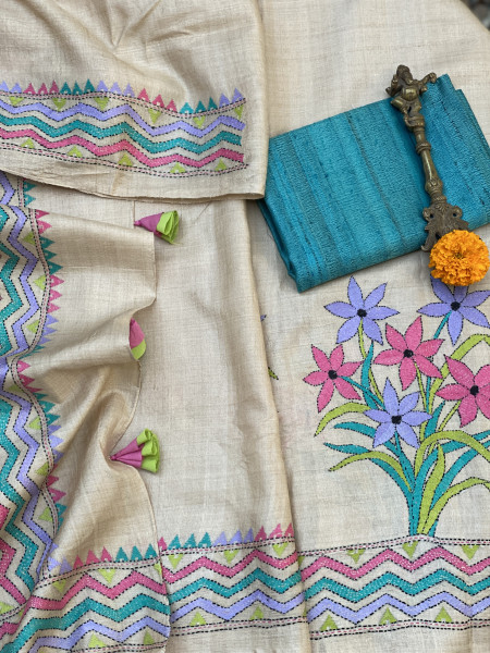 BEIGE KANTHA HAND EMBROIDERED TUSSAR  SILK SARI