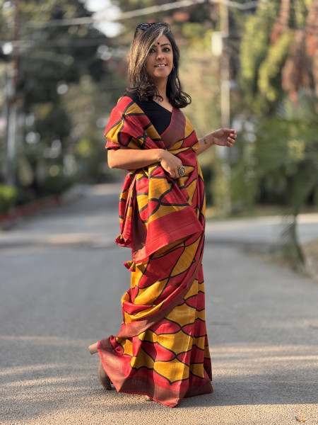 RED-YELLOW BLOCK PRINT TUSSAR SILK SARI
