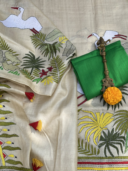 BEIGE KANTHA HAND EMBROIDERED TUSSAR  SILK SARI
