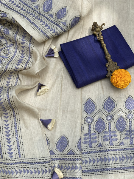 BEIGE KANTHA HAND EMBROIDERED MUGA SILK SARI